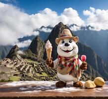 ai gegenereerd sneeuwman met ijs room in machu picchu, Peru. foto