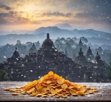 ai gegenereerd aardappel chips Aan houten tafel in voorkant van bagan, Myanmar foto