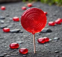 ai gegenereerd rood lolly Aan een stok Aan een zwart steen achtergrond. foto