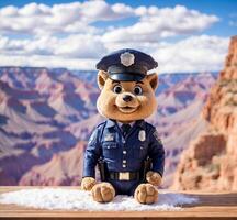 ai gegenereerd politieagent teddy beer zittend Aan sneeuw in groots Ravijn nationaal park, Arizona, Verenigde Staten van Amerika foto