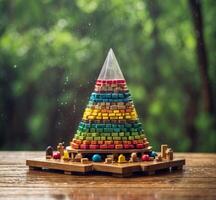 ai gegenereerd piramide van kleurrijk houten speelgoed- blokken Aan een houten tafel in de regen foto