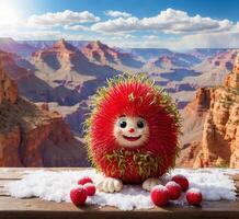 ai gegenereerd grappig ramboetan mascotte in de groots Ravijn nationaal park, Arizona, Verenigde Staten van Amerika foto
