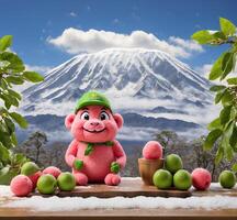 ai gegenereerd grappig guava mascotte met citroen fruit in voorkant van monteren fuji foto