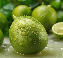 ai gegenereerd vers limoenen met water druppels Aan groen achtergrond. dichtbij omhoog. foto