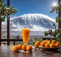 ai gegenereerd glas van oranje sap en mandarijnen Aan houten tafel met sneeuw berg achtergrond foto