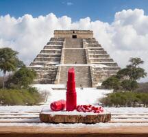 ai gegenereerd rood lippenstift en piramide in chichen itza, Yucatán, Mexico foto