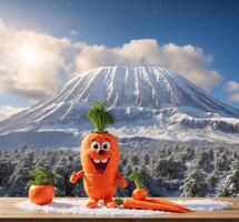 ai gegenereerd grappig wortel mascotte in de sneeuw en mt. fuji in de achtergrond foto