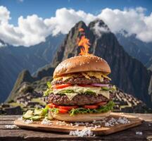 ai gegenereerd groot Hamburger Aan houten tafel in voorkant van bergen. afgezwakt. foto