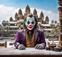 ai gegenereerd clown zittend Aan een houten tafel in voorkant van Angkor wat, Cambodja foto