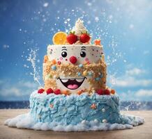 ai gegenereerd grappig verjaardag taart met grappig gezicht Aan blauw lucht achtergrond, detailopname foto