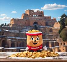 ai gegenereerd mascotte met aardappel chips in voorkant van colosseum in Rome, Italië foto