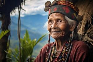 ai gegenereerd portret van een ouderen vrouw in Papoea nieuw Guinea. Azië foto