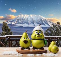 ai gegenereerd grappig paar van groen peren mascotte met smiley gezichten zittend Aan een houten tafel in voorkant van mt fuji, Japan foto