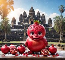 ai gegenereerd granaatappel mascotte karakter en fruit in voorkant van Angkor wat, Cambodja foto