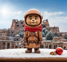 ai gegenereerd Lego astronaut in voorkant van colosseum in Rome, Italië foto