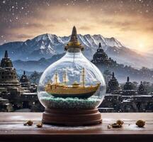 ai gegenereerd sneeuw wereldbol met goud schip Aan de achtergrond van de bergen. foto