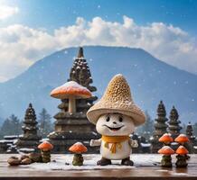 ai gegenereerd schattig sneeuwman en paddestoel in Bali, Indonesië foto