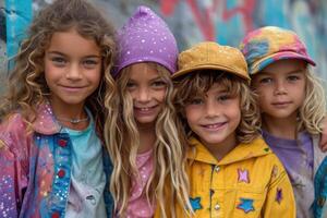 ai gegenereerd vier vrolijk kinderen in helder kleren hebben pret uitgeven hun zomer vakantie buitenshuis foto