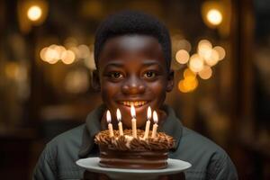 ai gegenereerd een Afrikaanse jongen slagen uit kaarsen Aan een verjaardag taart in zijn huis foto