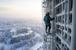 ai gegenereerd een echt bouw arbeider Bij een hoogbouw bouw plaats Aan een verkoudheid winter dag foto