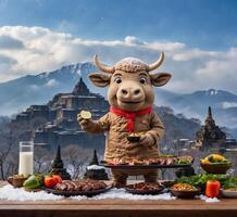 ai gegenereerd schattig stier aan het eten vlees en groenten Aan een houten tafel in voorkant van de Super goed muur van China foto