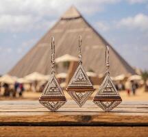 ai gegenereerd oorbellen Aan een houten tafel tegen de achtergrond van de piramide van gizeh. Egypte foto