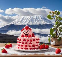 ai gegenereerd aardbei taart mascotte karakter met mt.fuji Aan de achtergrond. foto