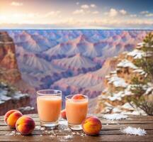 ai gegenereerd bril van vers perzik sap en perziken Aan een houten tafel in groots Ravijn nationaal park, Arizona, Verenigde Staten van Amerika foto