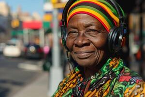 ai gegenereerd detailopname portret van een ouderen Afrikaanse Amerikaans vrouw vervelend hoofdtelefoons Aan een stad straat foto