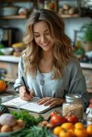 ai gegenereerd voedingsdeskundige meisje maakt aantekeningen in een notitieboekje over gezond aan het eten met een bundel van groenten en fruit Aan de tafel foto