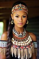 ai gegenereerd portret van een polynesisch meisje van de grote Oceaan eiland van Tahiti. Frans Polynesië foto