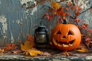 ai gegenereerd halloween nacht, pompoen in natuur met brandend ogen, donker atmosfeer foto