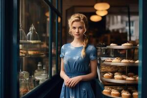 ai gegenereerd romantisch blond meisje in een blauw jurk Aan de achtergrond van een bakkerij cafe foto