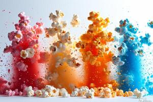ai gegenereerd detailopname van een vliegend gekleurde popcorn Aan een wit achtergrond foto