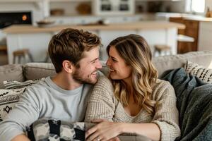 ai gegenereerd portret van een paar in liefde zittend Aan de bankstel Bij huis foto