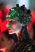 ai gegenereerd futuristische vrouw in een cyborg kostuum Bij een mode tonen foto