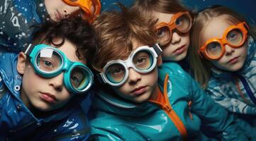 ai gegenereerd vier kinderen in gekleurde kleren en bril foto
