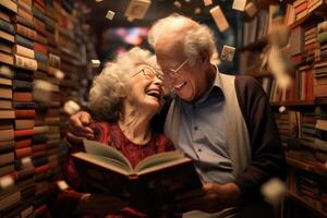 ai gegenereerd een gelukkig vrolijk ouderen Mens met een baard is op zoek voor informatie in boeken in de bibliotheek foto