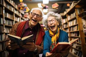 ai gegenereerd een gelukkig vrolijk ouderen Mens met een baard is op zoek voor informatie in boeken in de bibliotheek foto