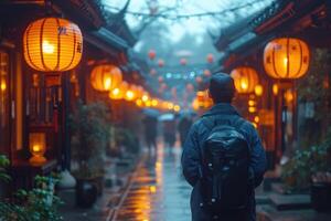 ai gegenereerd een lokaal inwoner wandelingen langs een oud Japans straat met gloeiend lantaarns foto