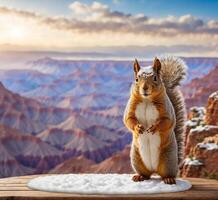 ai gegenereerd schattig eekhoorn Aan de achtergrond van groots Ravijn nationaal park, Arizona, Verenigde Staten van Amerika foto