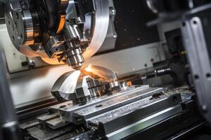 ai gegenereerd laser snijdend van metaal Aan cnc machines, modern industrieel technologie voor fabricage industrieel onderdelen. modern metaalbewerking foto