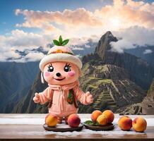 ai gegenereerd grappig kawaii pop met perziken en bergen Aan achtergrond foto
