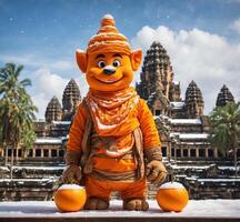 ai gegenereerd oranje mandarijn mascotte karakter tegen de achtergrond van de tempel complex van Angkor wat in Cambodja foto