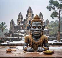 ai gegenereerd Angkor wat, siem oogsten, Cambodja in de sneeuw foto