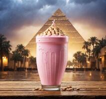 ai gegenereerd aardbei milkshake Aan de achtergrond van de piramides foto