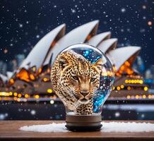 ai gegenereerd sneeuw wereldbol met luipaard en Sydney opera huis Bij nacht, Australië foto