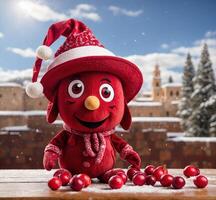 ai gegenereerd grappig veenbes mascotte met rood bessen Aan de achtergrond van een winter landschap foto