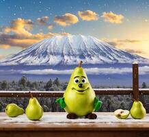 ai gegenereerd grappig peren mascotte karakter en mt. fuji in de achtergrond Bij zonsondergang foto