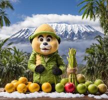 ai gegenereerd grappig mascotte Aan de sneeuw met fruit en mt. fuji achtergrond foto